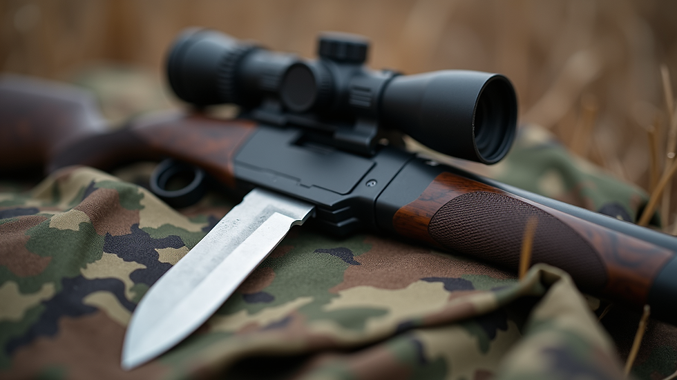 Close-up view of hunting knife and rangefinder on camouflage fabric