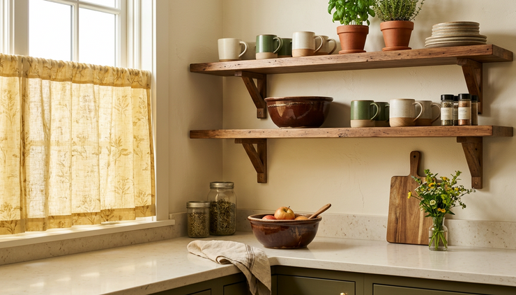 Close-up view of a color-drenched kitchen corner with warm wood and patterned fabric.