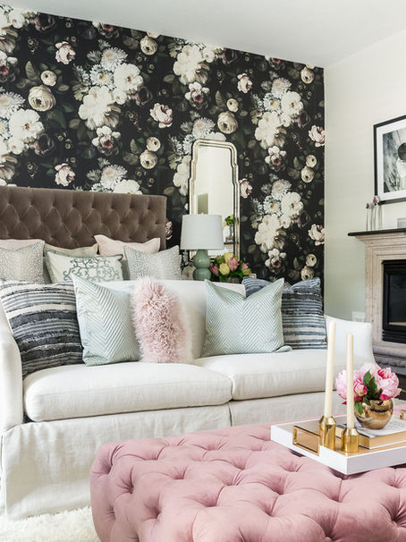 Master bedroom with floral wallpaper