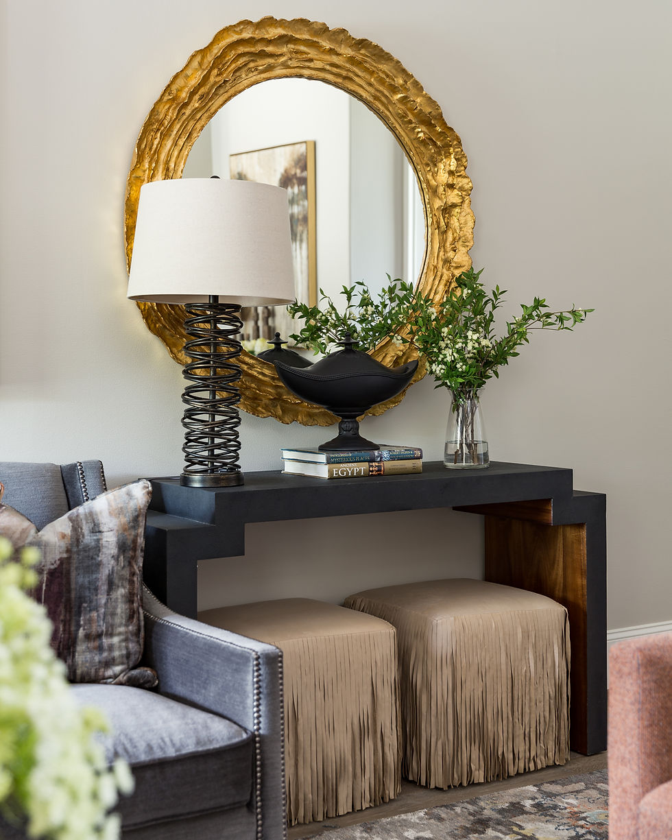 Fringe Ottomans In Living Room Designed By Veronica Solomon - Richmond TX