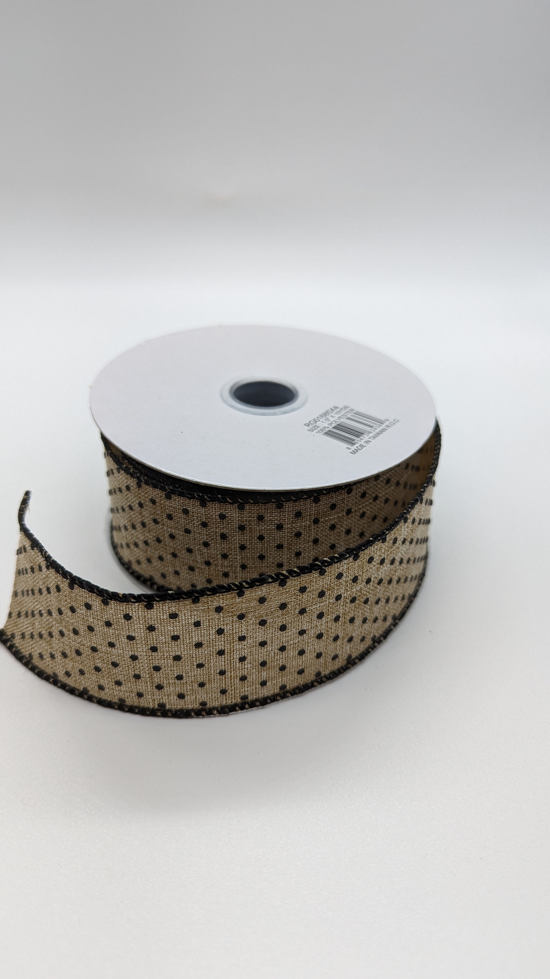 1.5" Beige with Black Micro Dots and Stitching (10 Yards)