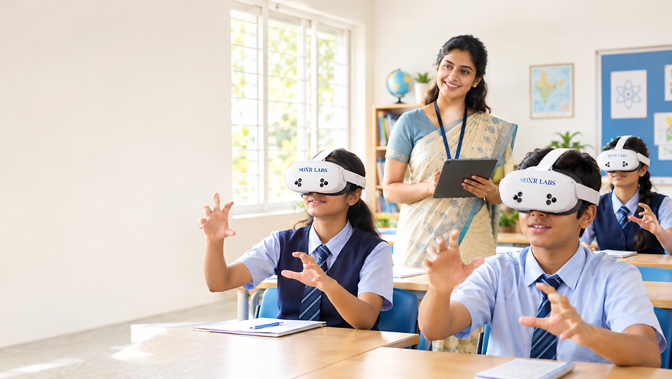 A relaxed teacher guiding a VR lesson in an Indian classroom as students use hands-free 9DXR Labs VR headsets, showing how easy a VR lab is for any teacher to run