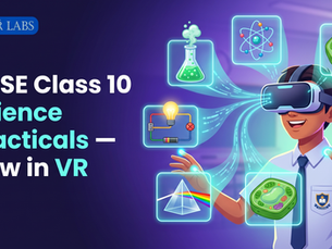 Illustration of a school student wearing a VR headset, with chemistry, physics and biology icons floating around him.