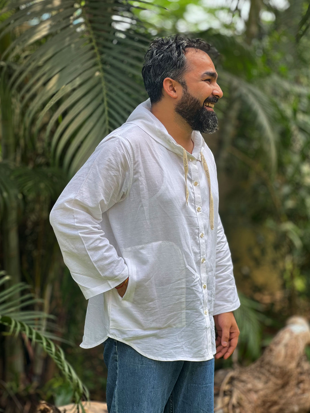 Guy wearing White Pocket Hoodie Shirt - Side View