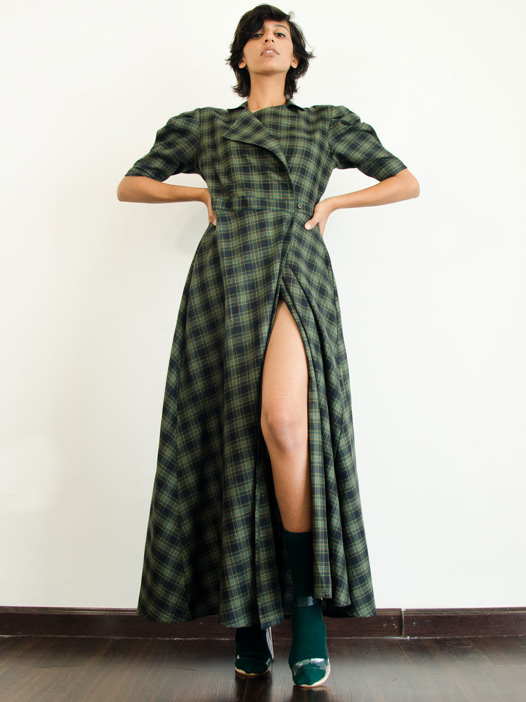 Model wearing Excuuse99 Angarakha Dress front view