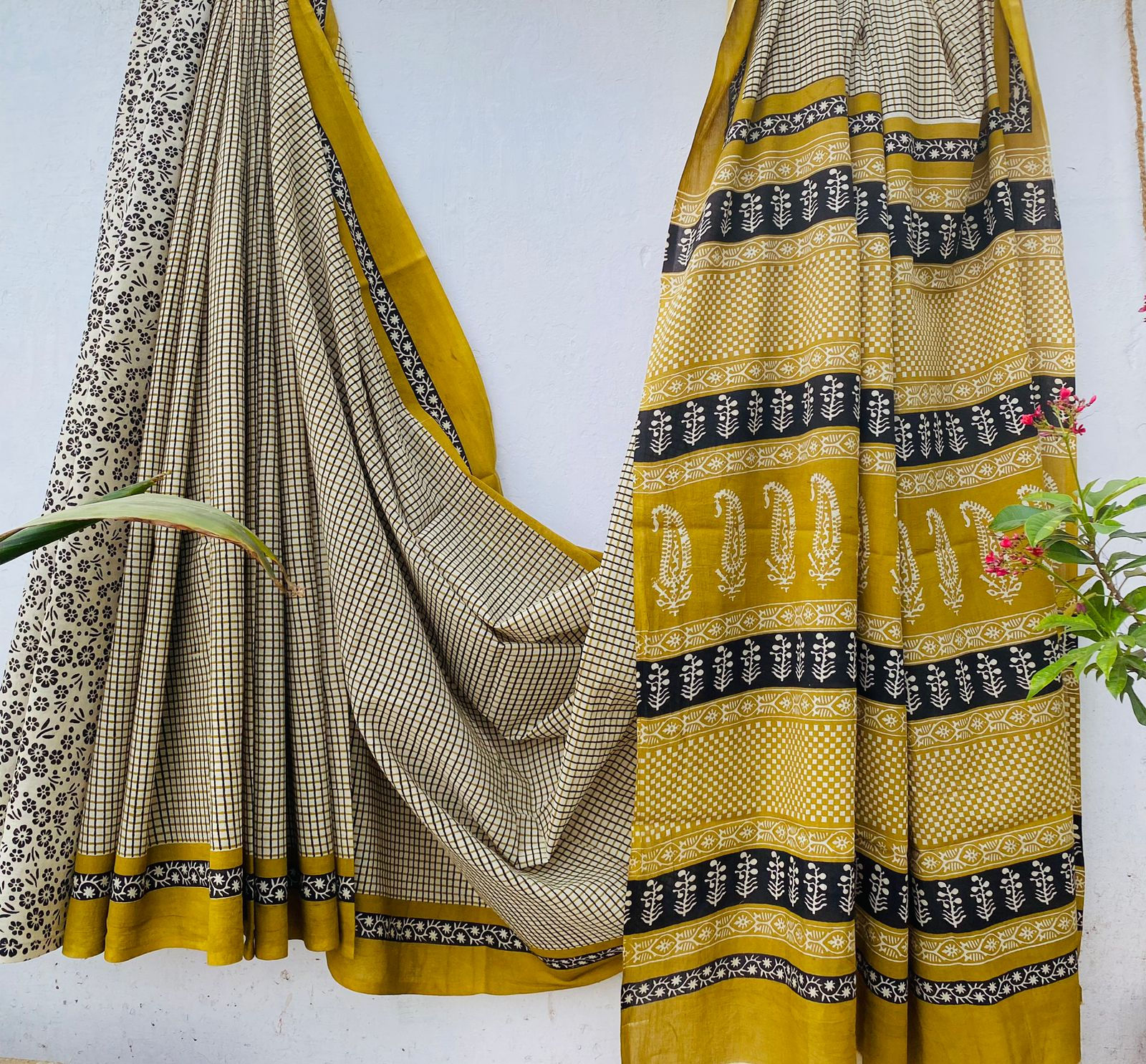 Mustard and Black Office Bagru Handblock Printed Mul Saree Front View