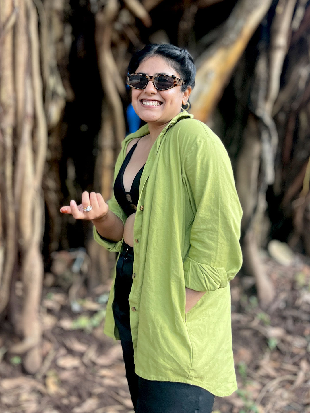 Lime Green Cotton Linen Pocket Shirt Front View at Forest