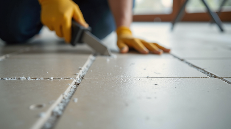 Close-up view of tile flooring being installed with precise grout lines