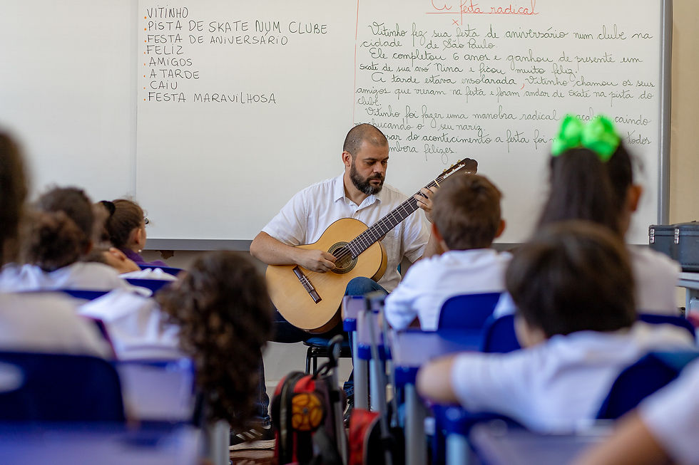 Professor toca violão para alunos em sala de aula, ilustrando a trajetória do Violão na Escola.