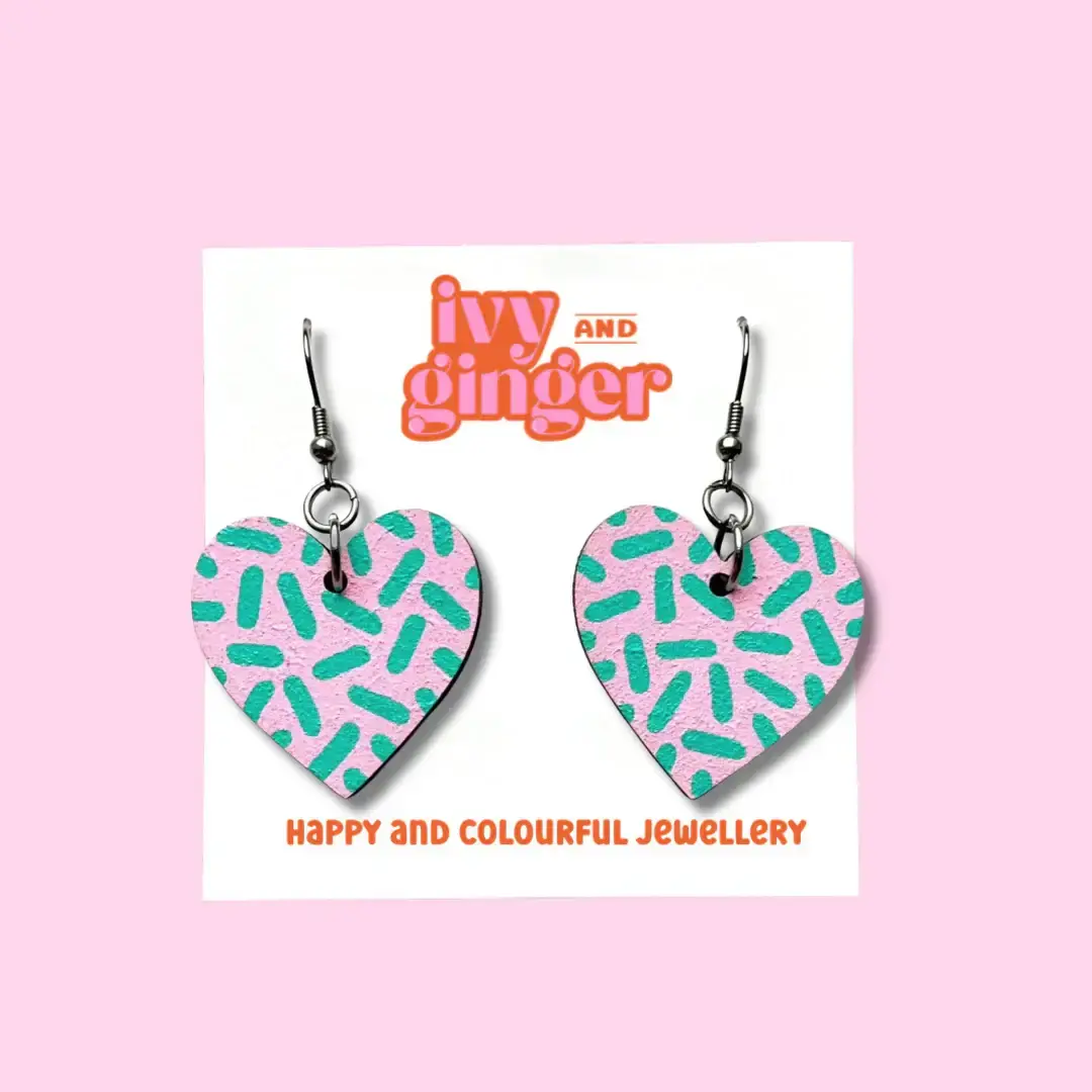 Large pink and mint dash print heart shaped dangle earrings