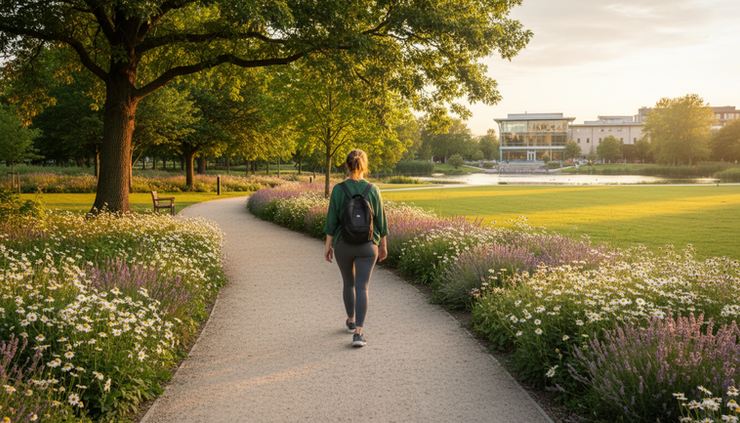 Wide-angle view of a quiet walking path through a green park in soft evening light