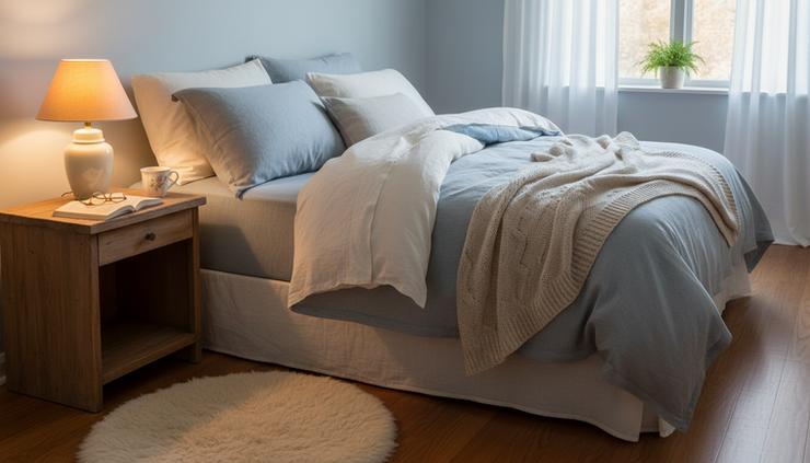Eye-level view of a cosy bedroom with soft bedding, low light, and a book on a bedside table