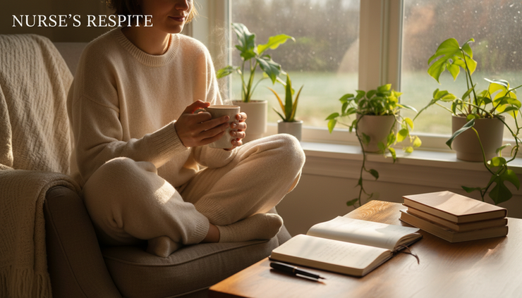 Eye-level view of a calm person sitting by a window with a cup of tea and a notebook