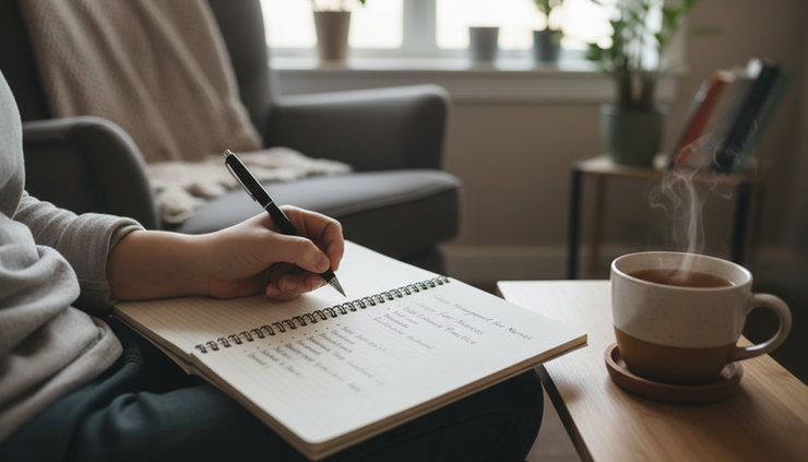 Close-up of a hand writing a short reflection in a notebook beside a warm drink