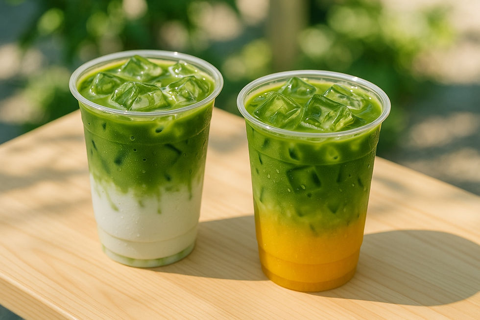colorful matcha beverage, matcha latte, matcha mango tea