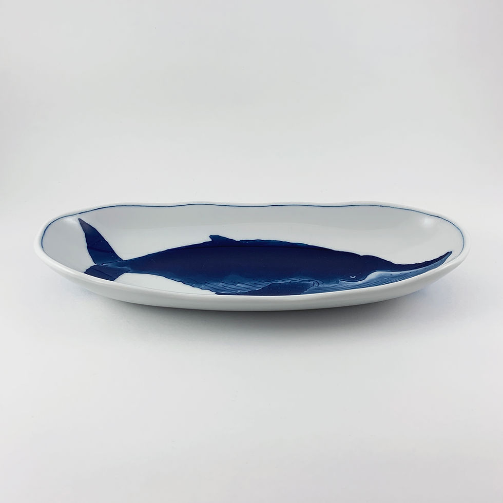 Thumbnail: Long Porcelain Plate with Humpback Whale Hand-painted (small) Japan Heritage