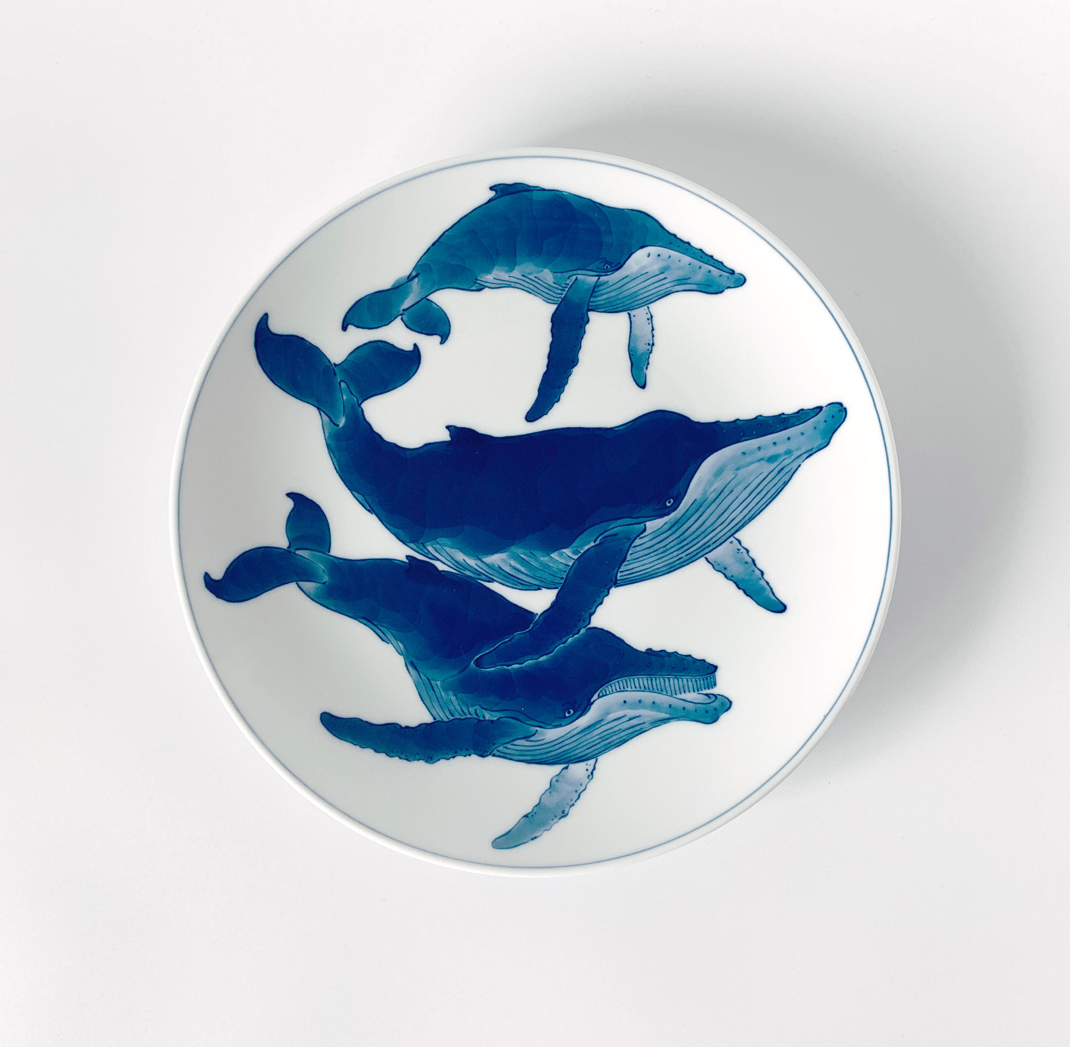 blue and white, heirloom dinnerware, japanese porcelain, humpback whales, hand-painted porcelain