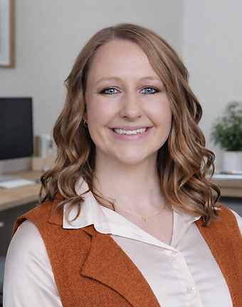 Smiling woman in office setting.
