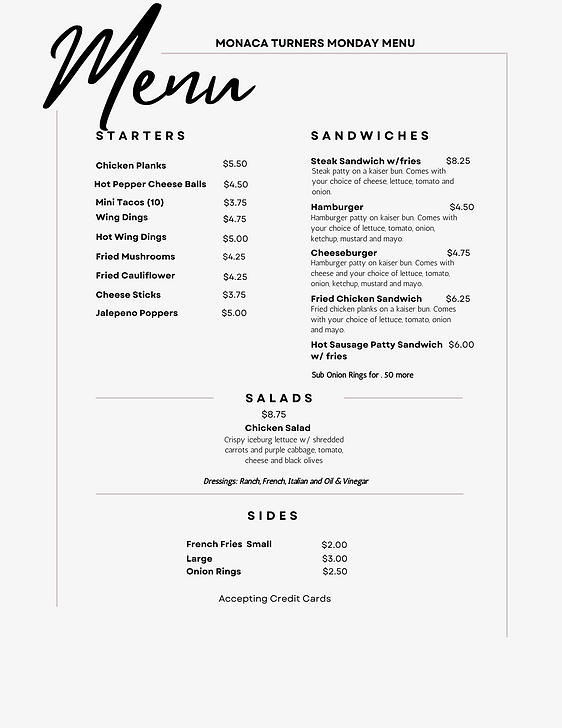 Monday Menu Monaca Turners