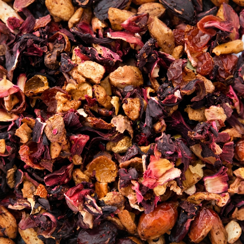 Cherry - Hibiscus, a premium herbal tea made with Hibiscus, Cherry, Apples, Rose hips, Rose Petals.. Crafted by Mondepice.