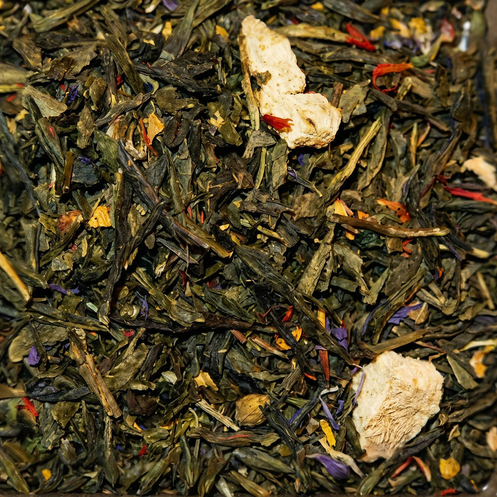 Cinnamon Orange- Green Tea, a premium herbal tea made with China Sencha, Orange Peels, Cinnamon, Mallow Flowers, Sunflower Pe