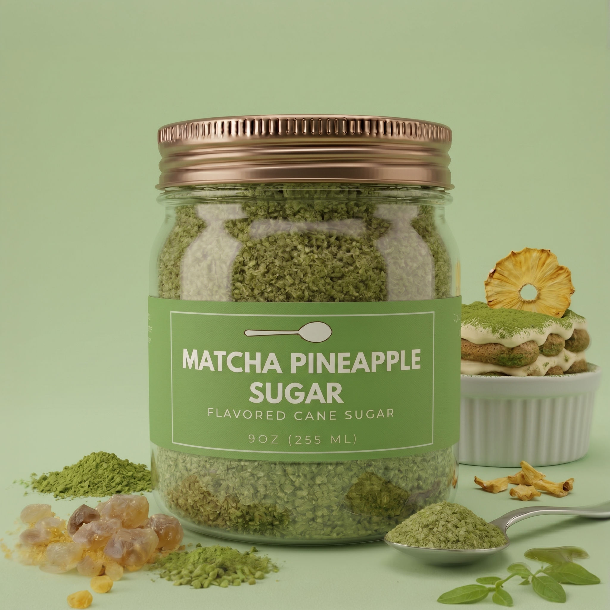 Organic cane sugar blended with green matcha powder and dried pineapple pieces for tropical flavored drinks and desserts.