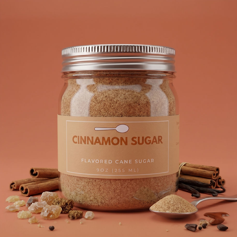 Jar of organic cane sugar blended with organic cinnamon by Mondepice