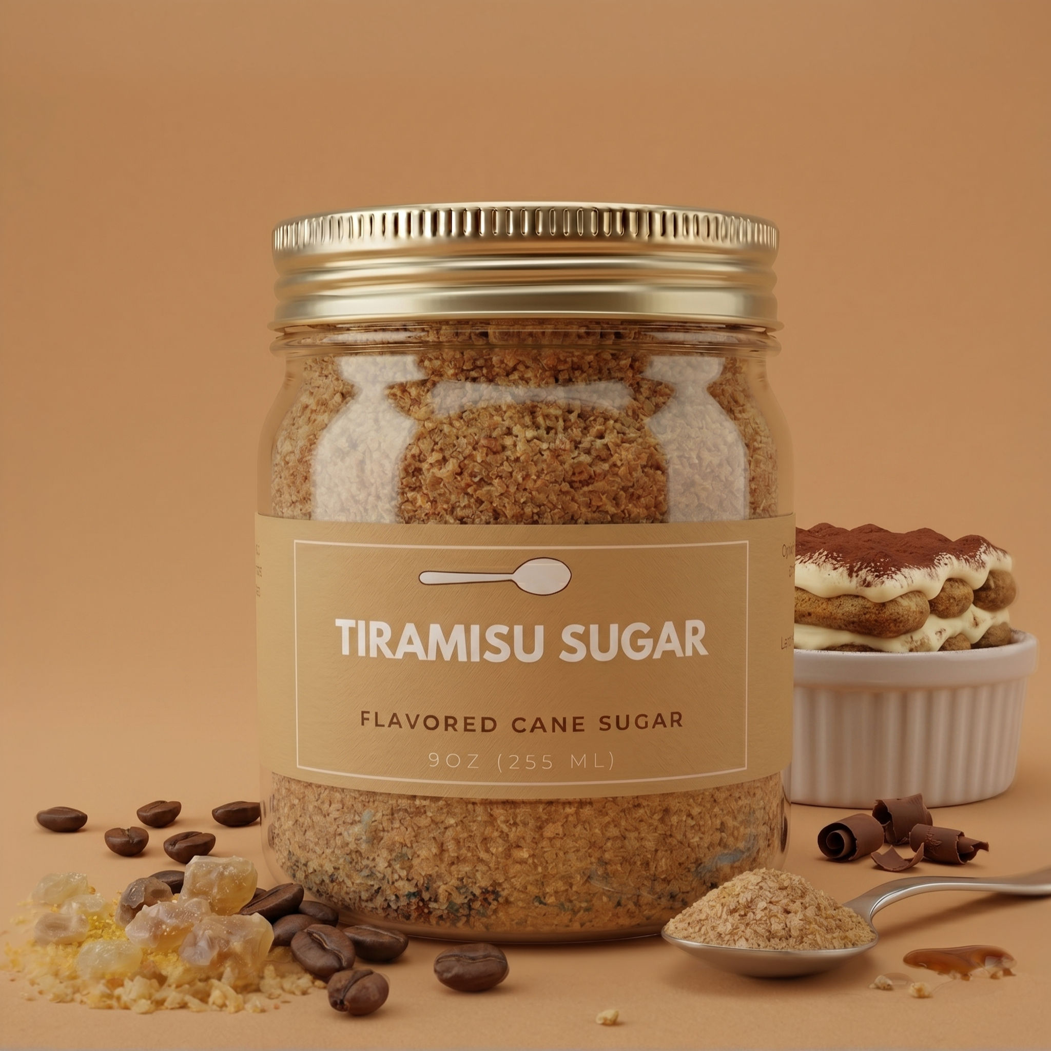 Organic cane sugar blended with coffee, cacao nib powder and cinnamon for tiramisu-inspired flavor.
