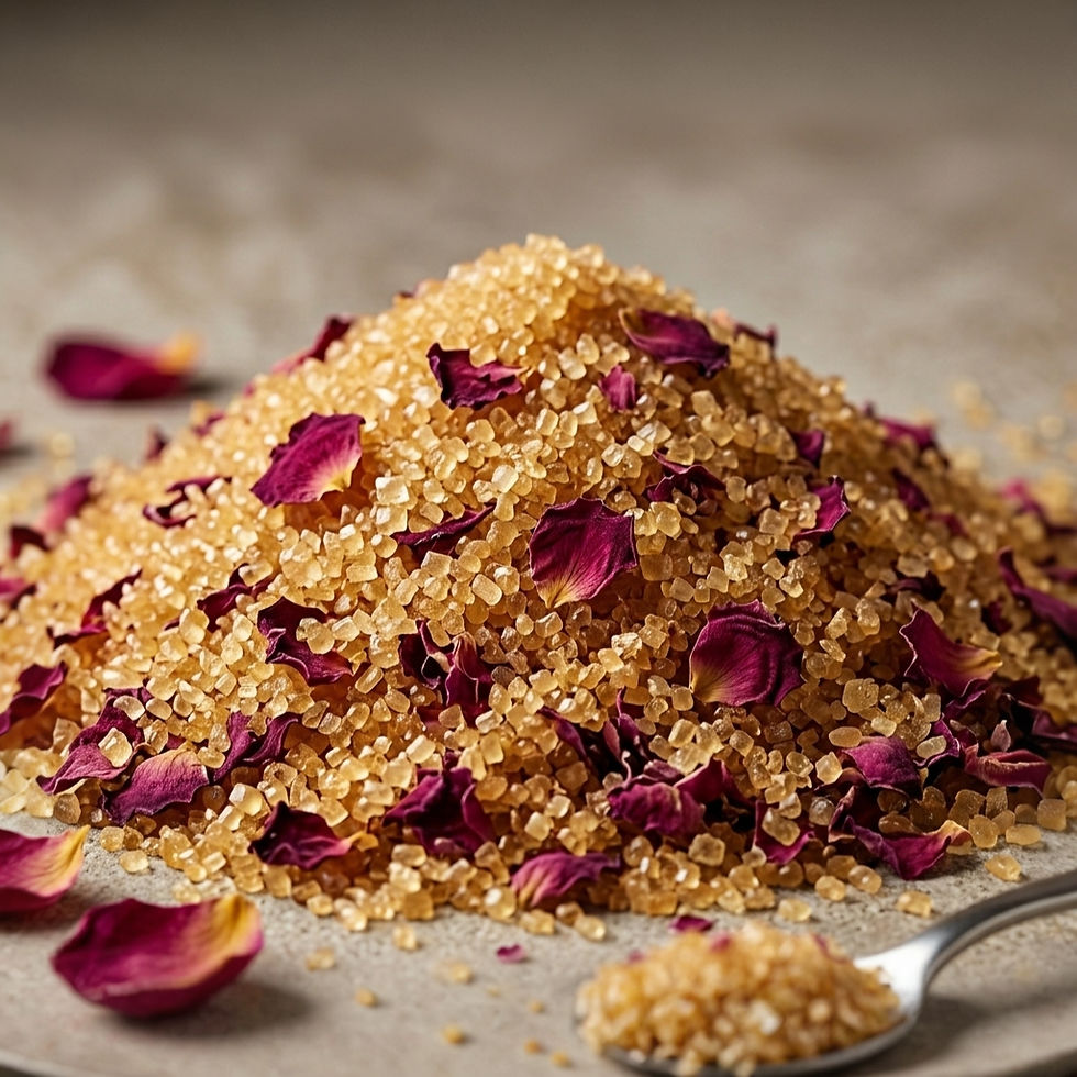 Organic cane sugar infused with rose powder for floral flavored tea, desserts and baking recipes.