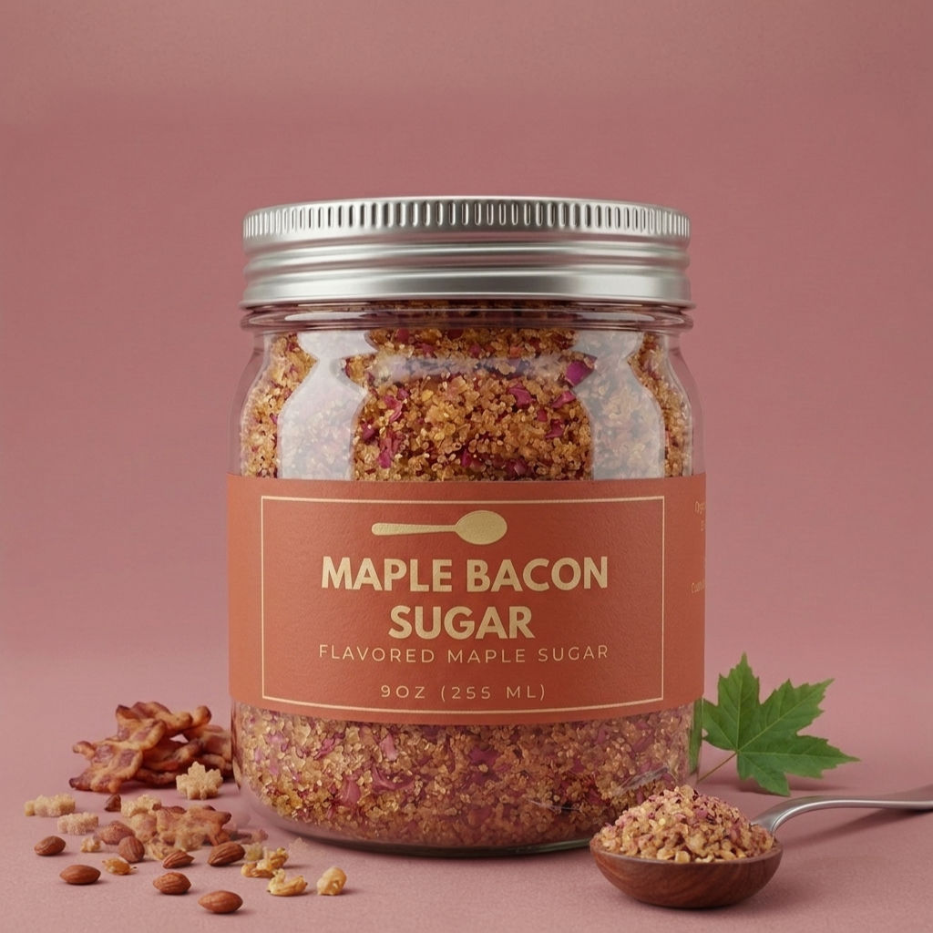 Organic maple sugar mixed with bacon bits powder for sweet and savory breakfast and baking uses.