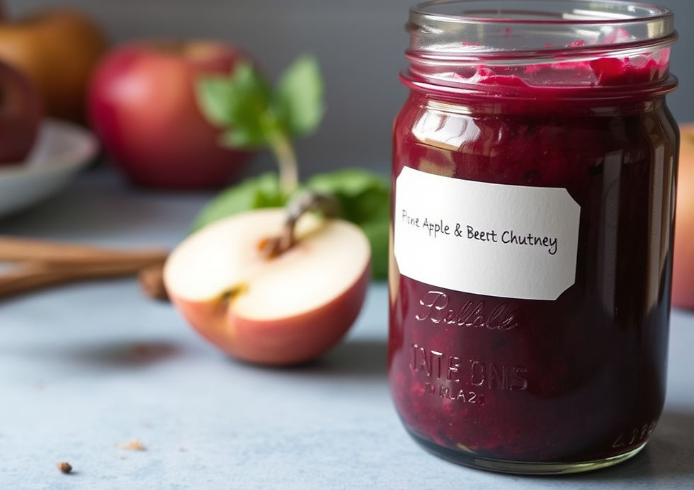 Close-up view of a jar of vibrant red apple and beetroot chutney with spices and fruits around it