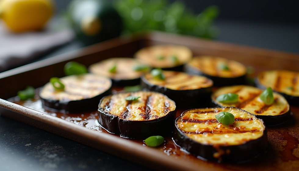 Close-up view of grilled aubergine slices on a baking tray