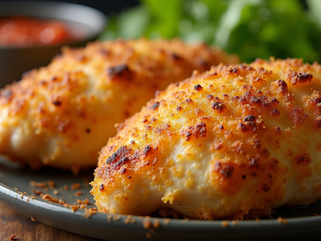Close-up view of a deliciously baked chicken with a crispy parmesan crust