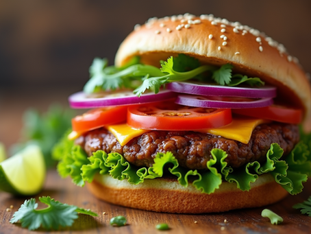 Close-up of a Mexican bean burger topped with fresh ingredients