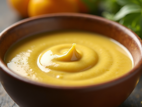 Close-up view of a creamy mustard dressing in a bowl