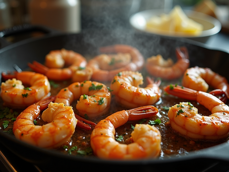 Eye-level view of a sizzling pan of Jalapeno Jamaican Jerk Shrimp cooking