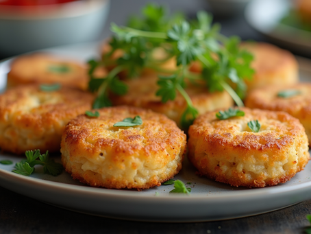 Close-up view of crispy mini fish cakes on a serving plate
