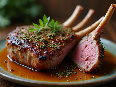 Eye-level view of a beautifully roasted herb crusted rack of lamb