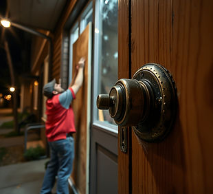 workers installing plywood over broken windows or doors. image of storefront or home at ni