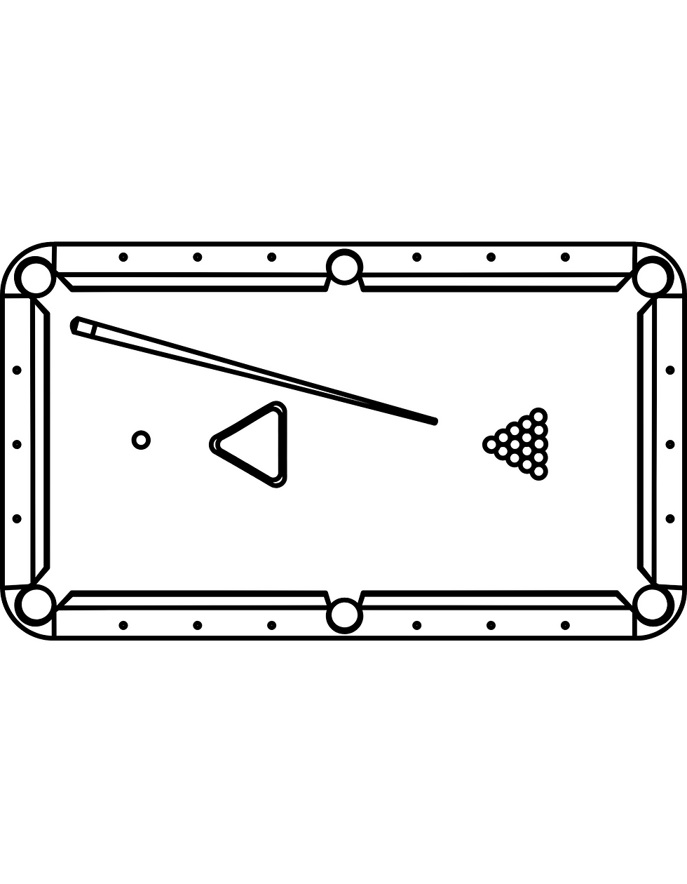 Pool Table with Rack, Balls, Cue and Chalk