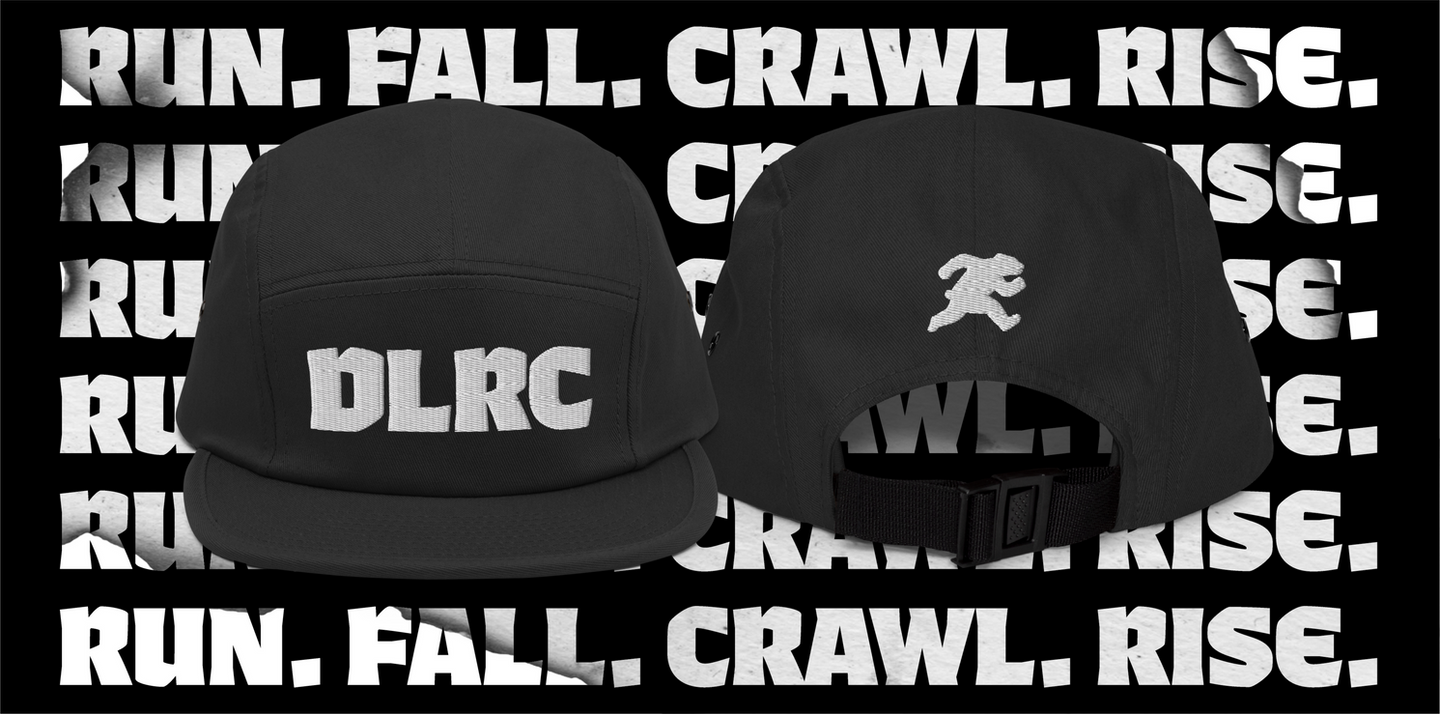 Branded hat mockup for Dead Legs Run Club with the mantra Run, Fall, Crawl, Rise in the background, designed by Overland Design Co, a creative studio in Las Vegas specializing in product and merch design.