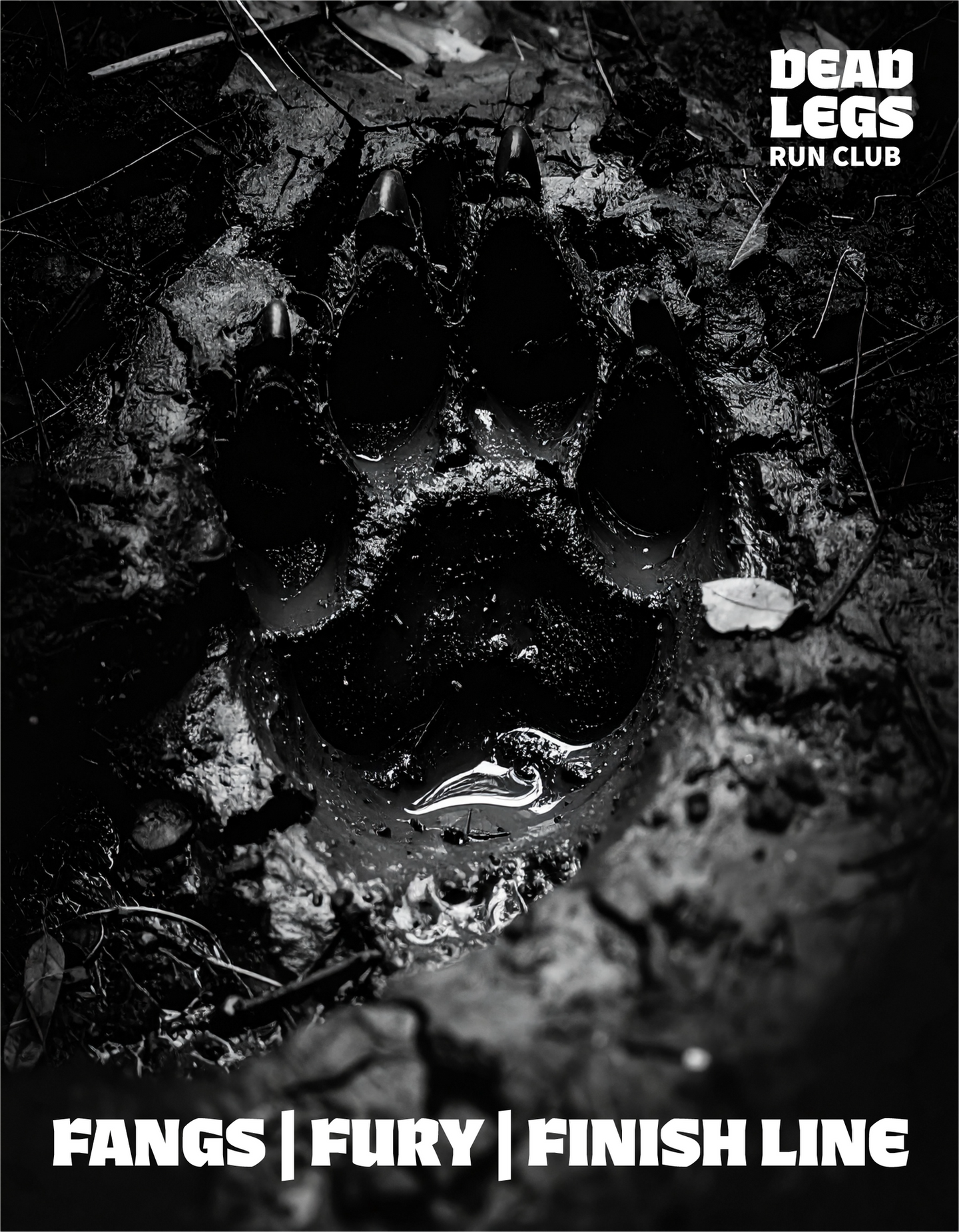 Close-up of a bear track in the mud with Dead Legs Run Club information surrounding the image. Gritty visual storytelling by Overland Design Co, a branding studio in Las Vegas