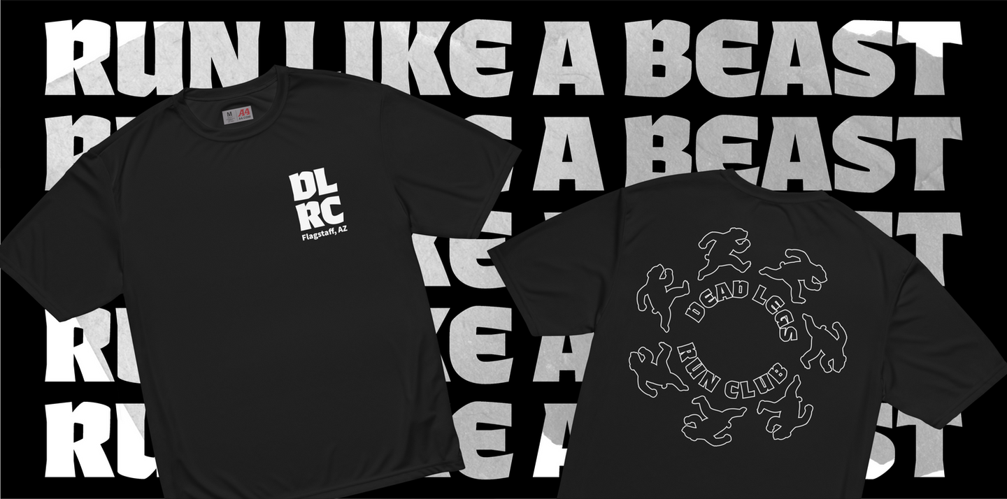 T-shirt mockup for Dead Legs Run Club with bold Run Like a Beast text, designed by Overland Design Co, a Las Vegas-based design business focused on graphic apparel and merchandise branding.
