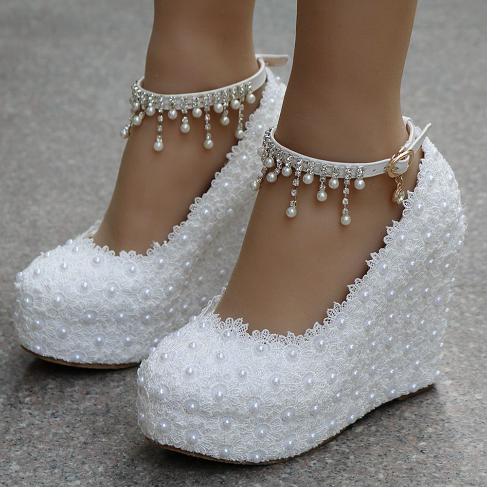 Crystal Queen White Wedges Wedding Pumps Sweet White Flower Lace Pearl Platform