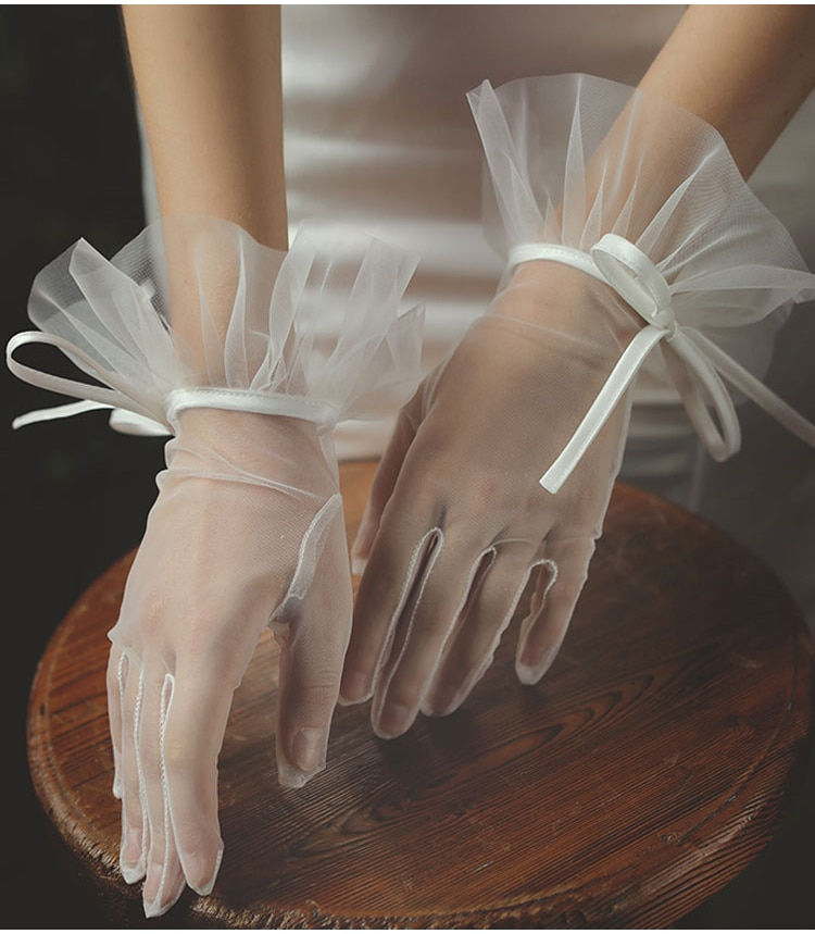 Thumbnail: WG020 Elegant Women Wedding Bridal Short White Gloves Breathable Tulle Ribbon Bo
