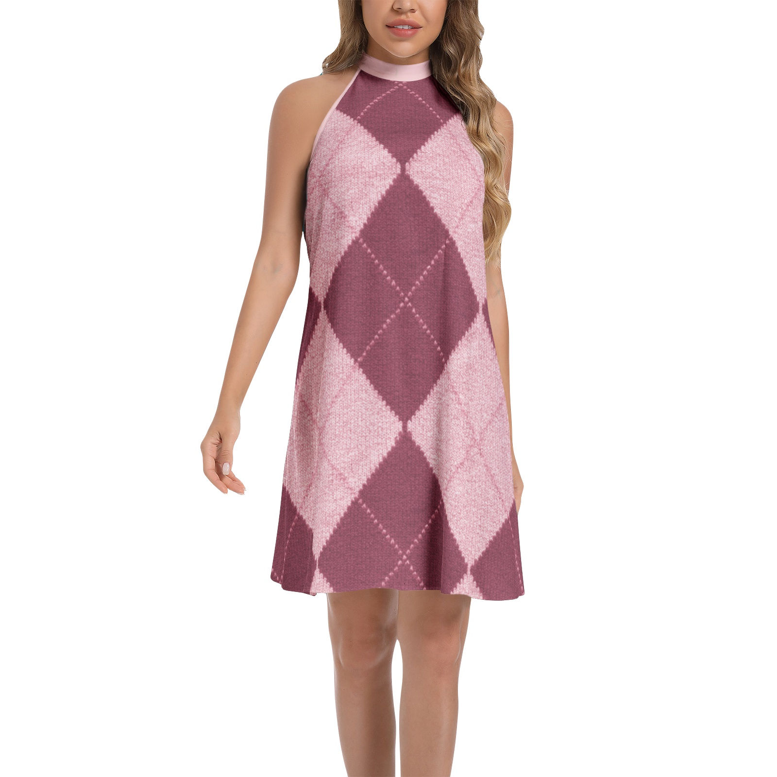 TMR Pink Argyle Tie Back Halter Neck Flared Dress - Pink