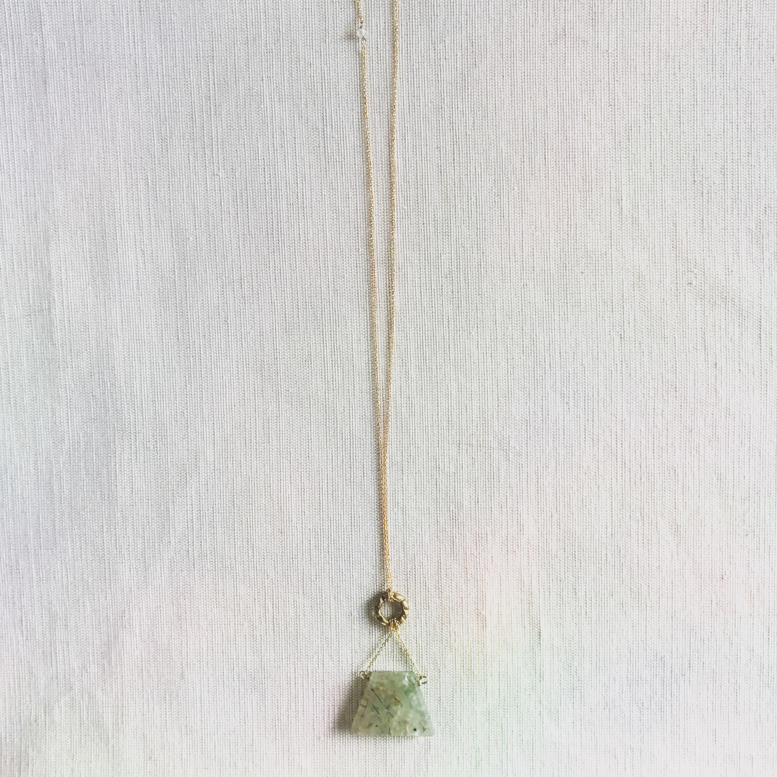 14k gold fill, green rutilated quartz + vintage carved brass ring lariat