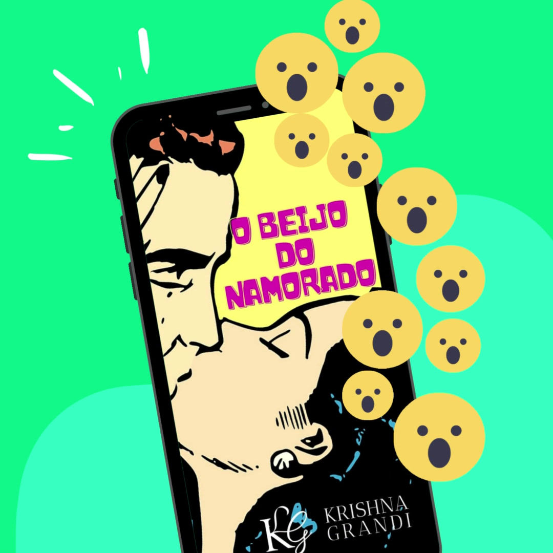 fundo bicolor com dois tons de verdes chamativos com um celular centralizado com um casal em cartoon se beijando e emojis