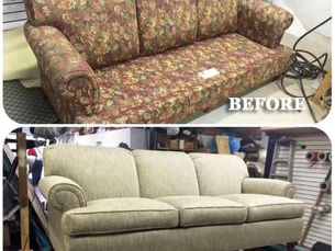Before and after sofa reupholstery and furniture repair in Dallas TX by Dallas Home Fabric Center showing floral couch restoration to neutral modern sofa.