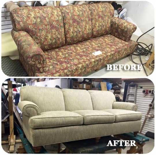 Before and after sofa reupholstery and furniture repair in Dallas TX by Dallas Home Fabric Center showing floral couch restoration to neutral modern sofa.